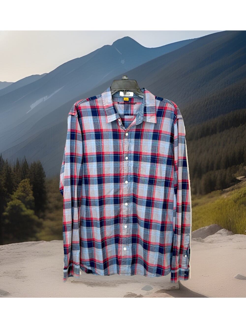Taylor Vintage Indigo Shirt Blue Plaid L/S Button Up Pockets Cotton Men’s Sz XL
